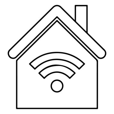 Yapısı içinde önemli bir Wi-Fi sinyal ikonu bulunan bir evin minimalist çizgi çizimi.
