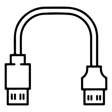 Esnek bir USB kablosunun özdeş iki portu birbirine bağlayan minimalist siyah beyaz çizgisi..