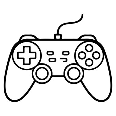 Kablolu bir video oyun denetleyicisinin minimalist siyah beyaz çizgi çizimi.