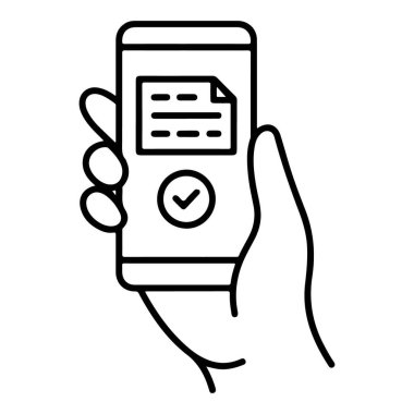 Belge ve ekranda kontrol işareti olan akıllı telefonu tutan basit bir el çizimi.