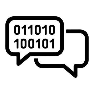 İki biçimlendirilmiş sohbet balonu, biri ikili kod içeriyor, dijital iletişimi ve veriyi sembolize ediyor.