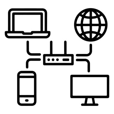 Bir dizüstü bilgisayar, akıllı telefon ve masaüstü bilgisayarı bir yönlendiriciye ve küreye bağlı..