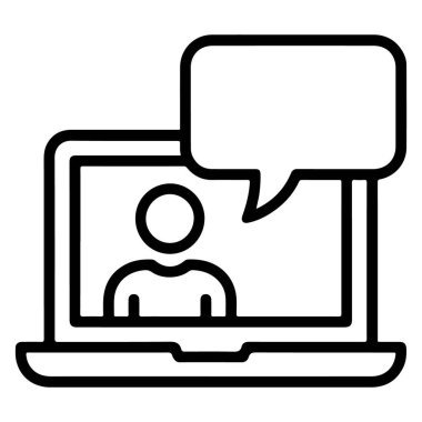 Çevrimiçi iletişimi temsil eden biçimlendirilmiş bir simge, dizüstü bilgisayarında konuşma balonu olan bir kişi.