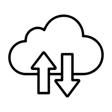 Veri yüklemek ve indirmek için oklarla bulut hesaplamasını temsil eden basit çizgi sanat simgesi.
