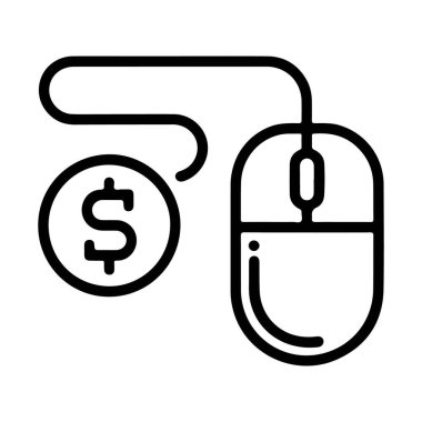 Çevrimiçi geliri temsil eden, dolar işaretine bağlı bir bilgisayar faresinin basit bir çizgi resim simgesi.