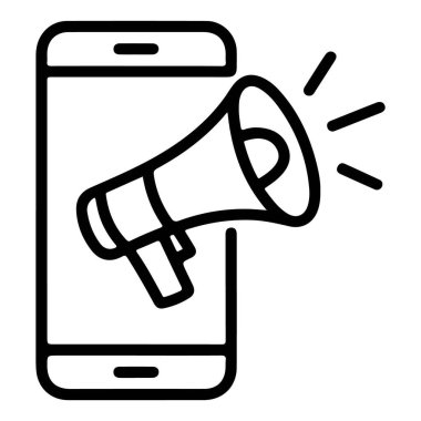 Bir akıllı telefonun mobil reklam ve iletişimi temsil eden, megafonu gösteren basit bir çizgi resim simgesi.