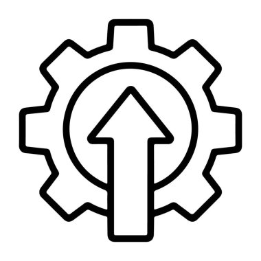 İlerlemeyi ve gelişmeyi sembolize eden, içinde yukarı doğru ok olan bir vitesi gösteren basit bir çizgi resim simgesi.