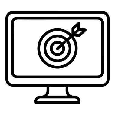 Bir bilgisayar monitörünün siyah-beyaz ana hatlı simgesi hedefi hedef tahtaya okla vururken gösteriyor..