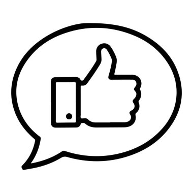 Konuşma baloncuğu içinde olumlu geri bildirim ya da anlaşmayı sembolize eden bir baş parmak hareketinin basit bir çizgi sanat simgesi.