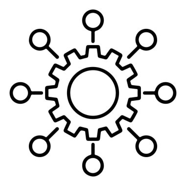Merkezde bir ağ veya sistemi temsil eden küçük dairelere bağlanan yayılan çizgilerle biçimlendirilmiş bir dişli..