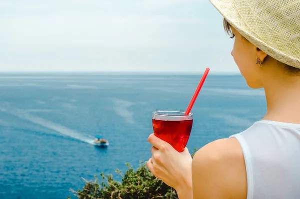 Woman Drinks Holds Cold Refreshing Syrup Fresh Juice Drink Sweet — Fotografia de Stock