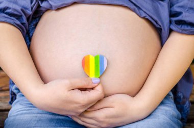 Hamile kadın kamera kalp Lgbt gurur hakları lezbiyen eşcinsel Biseksüel transseksüel Geek şehir güneşli gün arka plan üzerinde gösterir. Gurur mounth günü