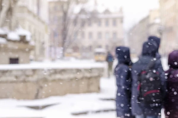 Groep Van Mensen Slecht Weer Levensstijl Blizzard Kerst Koude Wazig — Stockfoto