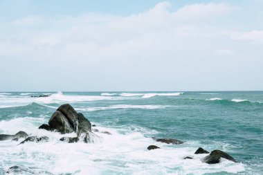 Mavi okyanus güzel, tropik ada, plaj manzara, balıkçı teknesi taze yeşil palmiye ağaçları, şeffaf mavi okyanusta seyahat ve Turizm kavramı broidered Sri Lanka