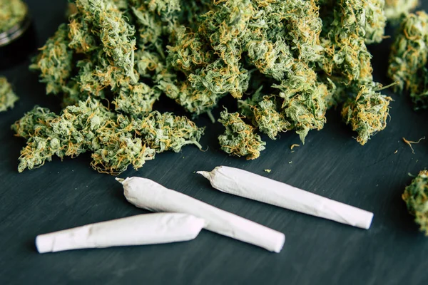 Schubben en geplette onkruid in een slijper voor een canapis op een zwarte tabel joint van marihuana met hakken — Stockfoto