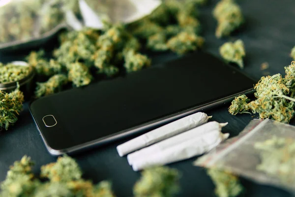 Bliska czarny Smartphone i chwastów wspólnego makro konopi pąki marihuany Weed — Zdjęcie stockowe