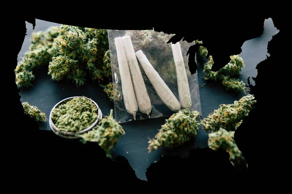 Cannabis Bud i enad stat i Amerika, juridiska Marijuana i Amerika. rullade gemensamma med marijuana mot bakgrund av färska kottar av cannabis blommor — Stockfoto