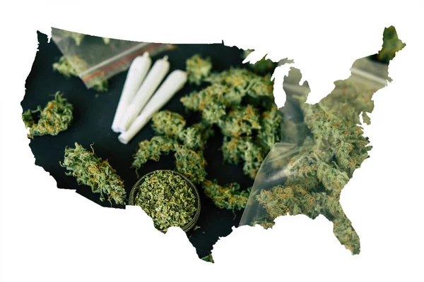 Cannabis Bud i enad stat i Amerika, juridiska Marijuana i Amerika. Makro marijuana bud med trichomes och krossade ogräs för att hugga en canabis på ett svart bord — Stockfoto