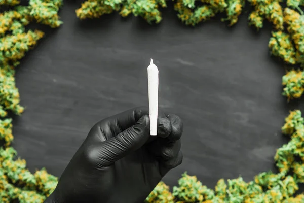 Joint in hand Un sacco di marijuana germogli freschi di cannabis molte erbacce — Foto Stock