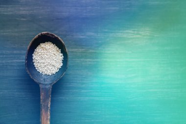 Tohum tohum içinde doğal bir tahta kaşık arka planı koyu renk Doğal dokulu ağacı rustik tarzda bir kaşık. Bir tel ile imzalamak için