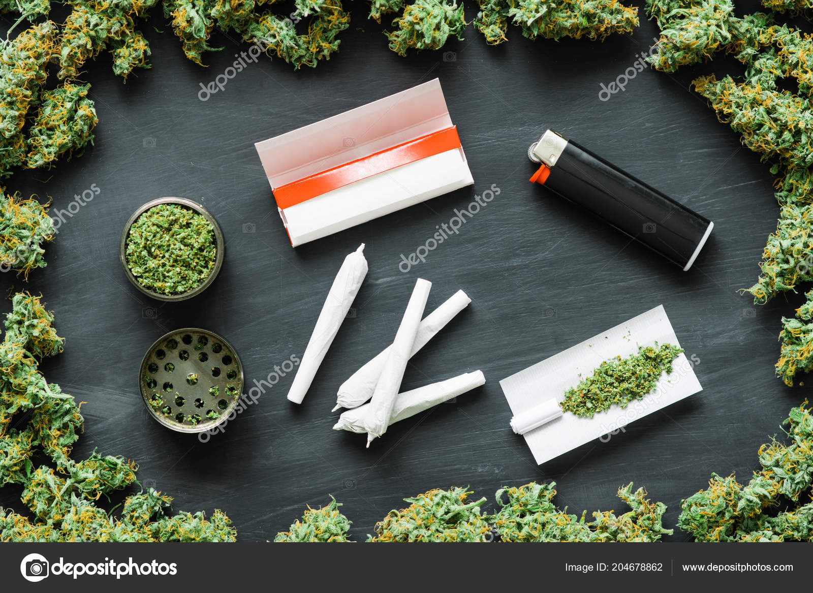 Weed grinder Fresh marihuana. Cannabis buds on white wood background. Copy  space. Close up. Blunt and Lighters. CBD and THC on buds in cannabis. Stock  Photo