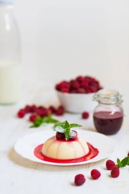 Dikey vurdu. Yaz tatlı. Açık renkli. Yakın çekim. Uçan pudra şekeri. Ahududu ve nane ile panakota.