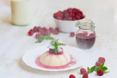 Dikey vurdu. Yaz tatlı. Açık renkli. Yakın çekim. Uçan pudra şekeri. Ahududu ve nane ile panakota.