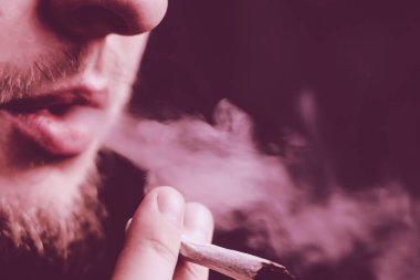 adam elinde ortak. Bir adam esrar ot çekiyor bir. Siyah bir arka plan üzerinde duman. Tıbbi esrar kullanım ve yasallaştırma esrar kavramları. Menekşe renklendirme bir siyah arka plan üzerine