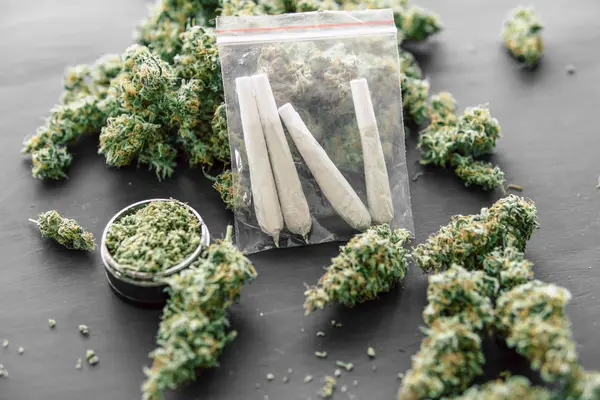 Joint roulé avec de la marijuana sur fond de mauvaises herbes fraîches — Photo