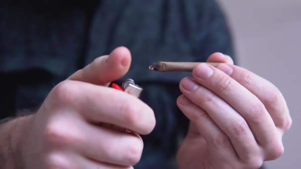 Um homem a enrolar uma erva maconha. Feche a loja de marijuana com isqueiro. luz lambe cor tonificada vazamentos de luz Man rolling marijuana cannabis blunt . — Vídeo de Stock