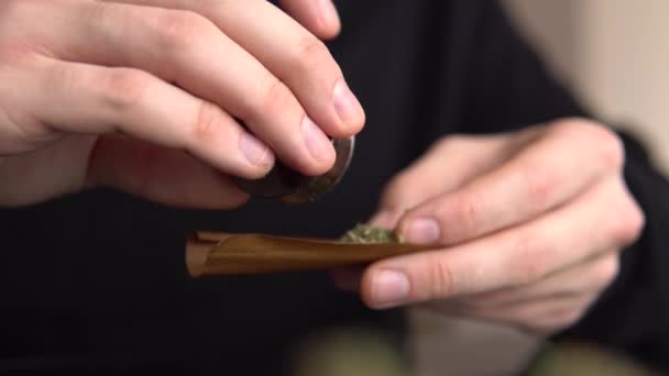 Close-up marihuanaverbinding aanstak met aansteker. lichte likt kleur gestemde licht lekken Man marihuana-cannabis botte rollen. Man die een marihuana-onkruid botte rollen. — Stockvideo