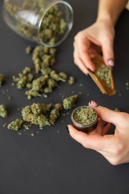 Esrar esrar inişli çıkışlı bir kadın. esrar kullanımı kavramı. Hazırlama ve esrar esrar ortak inişli çıkışlı bir kadın. Marihuana künt öğütücü ile kapatın. Yakın çekim