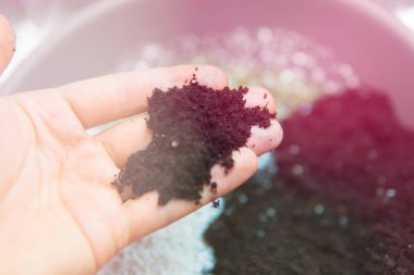 Toprak bir adam elinde. Esrar için alt katman. Yakın çekim. Toprak esrar. Dünya, perlit ve vermikülit karışımı. Doore tıbbi esrar kapalı büyüyen kavramı.