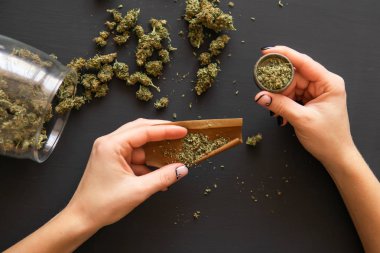 Kadın hazırlamak ve esrar esrar eklem haddeleme. Yakın yukarı kadın bir esrar eklem Rolling. Öğütücü ile esrar künt yakın. Pot kullanım konsepti.