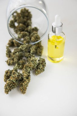 CBD esrar yağ, doğal bitki, yakın çekim, pipet esrar yağı, tıbbi esrar kavramı, dikey çekim