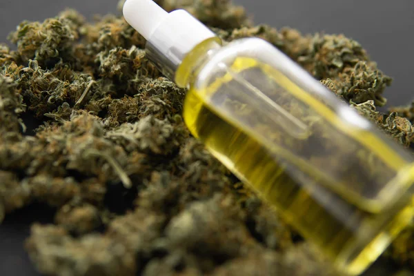 Cannabisolie in Pipet, macro, CBD medische olie, cannabis marihuana concept, — Stockfoto
