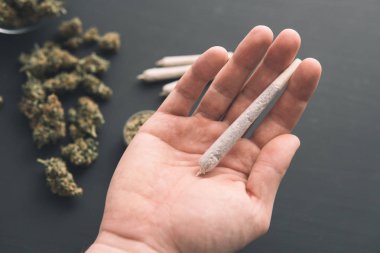 Ot ile birlikte esrar, taze marihuana ile öğütücü, siyah masa üzerinde esrar tomurcukları, üst görünüm,