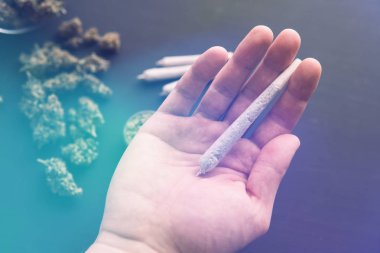 Ot, üst manzara, taze marihuana öğütücü, siyah masada esrar tomurcukları, ışık renk tonları sızdırıyor.