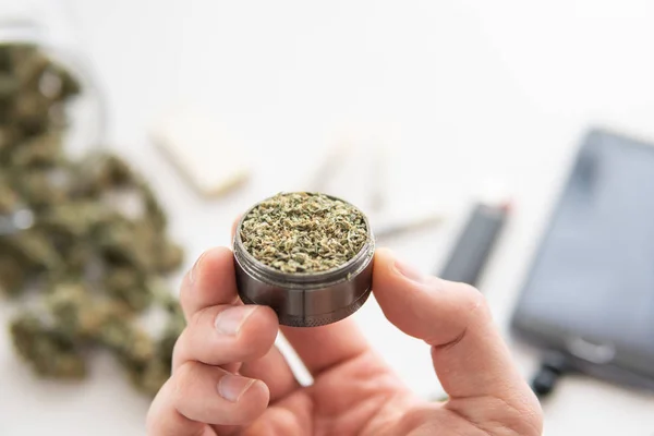 Moedor com erva fresca na mão, conjunto com maconha, botões de Cannabis na mesa branca, close-up — Fotografia de Stock