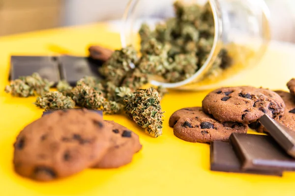 Ciasteczka i czekolada z ziołem i pączkami marihuany na stole. Leczenie medycznej marihuany do stosowania w żywności, żółte tło. Cannabis CBD ziołowa czekolada i ciasteczka. — Zdjęcie stockowe