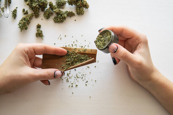 Женщина готовит и катит марихуану марихуану. Концепция использования конопли. Женщина закатывает тупую марихуану на белом фоне. Крупный план марихуаны с молотилкой
.