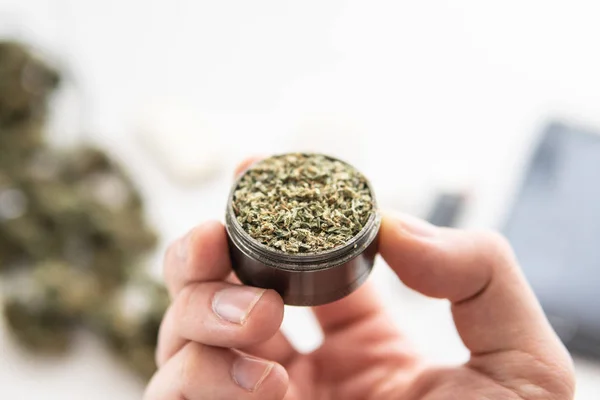 Grinder met verse onkruid in de hand close-up, cannabis toppen op witte tafel, joint met marihuana, — Stockfoto