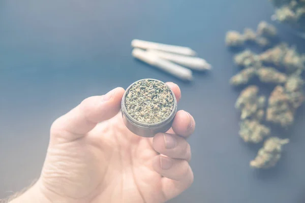 Amoladora con marihuana fresca en la mano, brotes de cannabis en la mesa negra, articulación con hierba, vista superior de cerca, fugas de luz tonos de color —  Fotos de Stock