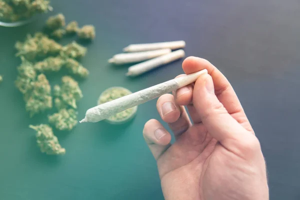 Joint with weed in hand, top view, grinder with fresh marijuana, Cannabis buds on black table, light leaks color tones — Stock Photo, Image