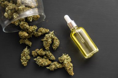 CBD tıbbi petrol, pipette kenevir yağı, esrar marihuana konsepti, kapat,