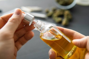 Pipette bir şişe kenevir yağı, yakın plan, doğal ot, tıbbi marihuana konsepti, CBD kenevir yağı. kenevir ürünü,