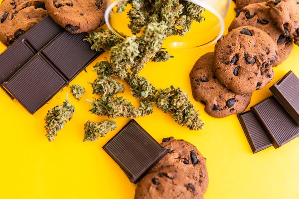 Cannabis CBD erva Chocolate e bolachas. Tratamento de maconha medicinal para uso em alimentos, fundo amarelo. Biscoitos e Chocolate com maconha e botões de maconha na mesa . — Fotografia de Stock