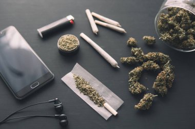 Kıyma makinesi elinde taze kenevir, yakın çekim, siyah masada marihuana tomurcukları, esrarlı esrar,