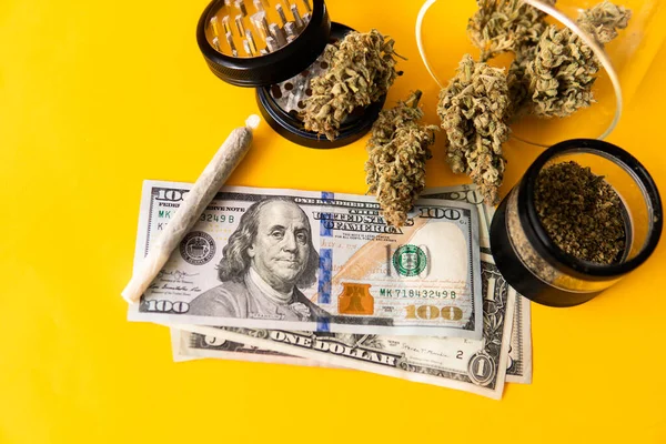 Marihuána Fűbimbó Daráló Indica Egészségi Állapota Marihuána Dollárbankjegyek Cannabis Pénz — Stock Fotó