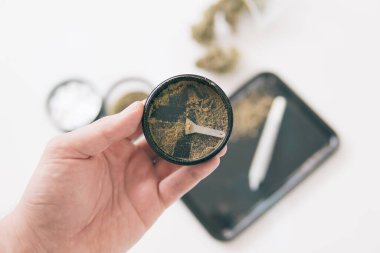 Esrar, THC CBD 'nin üzerinde kalıyor. Indica Sativa sağlık sigortası. Dikey çekimi kapat. Öğütücü ve esrar otu tomurcuğu. Beyaz arka plan. Marihuana doğa otu. Öğütücüdeki Kief.